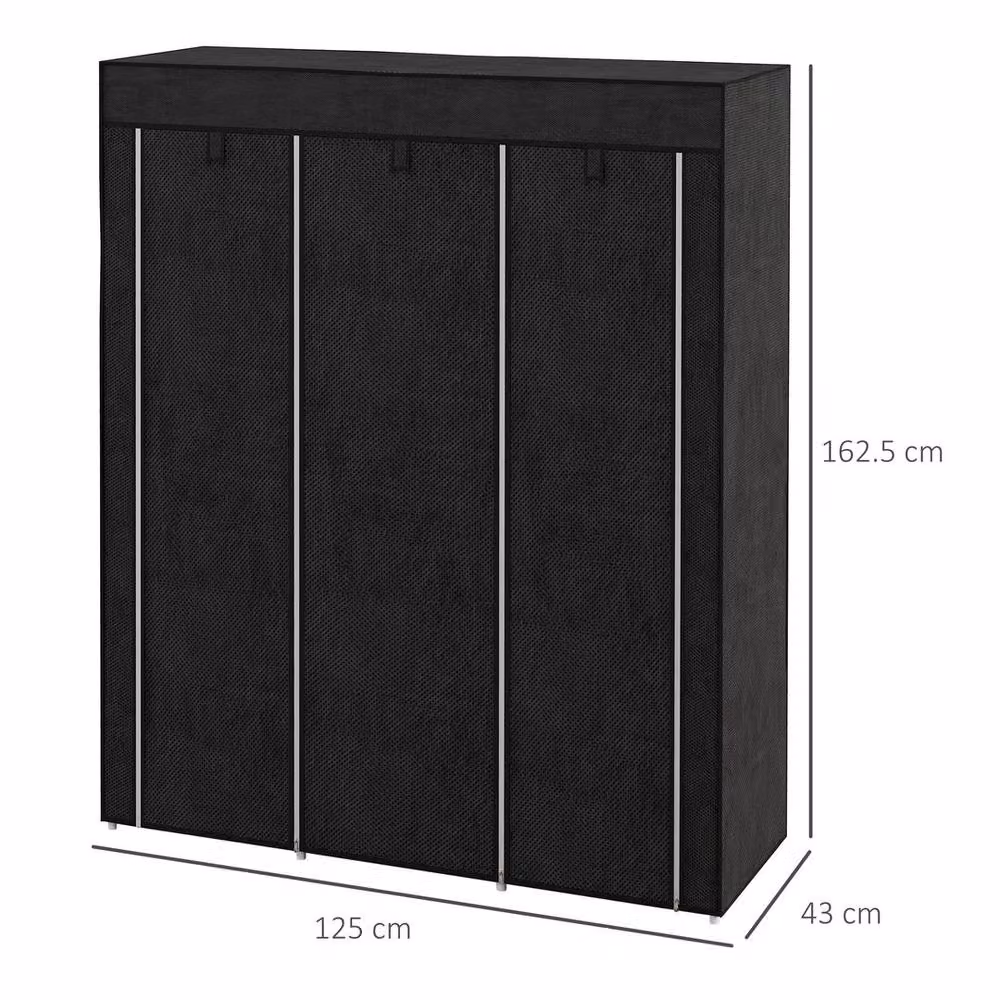 Kelvenix Black Fabric Portable Wardrobe with Hanging Rod and Internal Shelves, H: 162.5 cm x W: 125.0 cm x D: 3.0 cm – 2