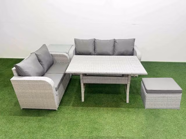 Fimous 6 Seater Grey PE Rattan Wicker Garden Furniture Set with Rectangular Dining Table, 3 Seater Sofa, Love Seat and Large Footstool