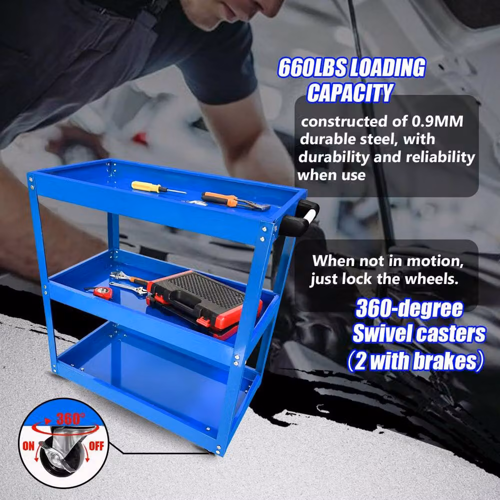 Dprodo Heavy Duty 3-Shelf Rolling Metal Cart with Brake Wheels, Blue, W/D/H: 60 x 60 x 74 cm – 4