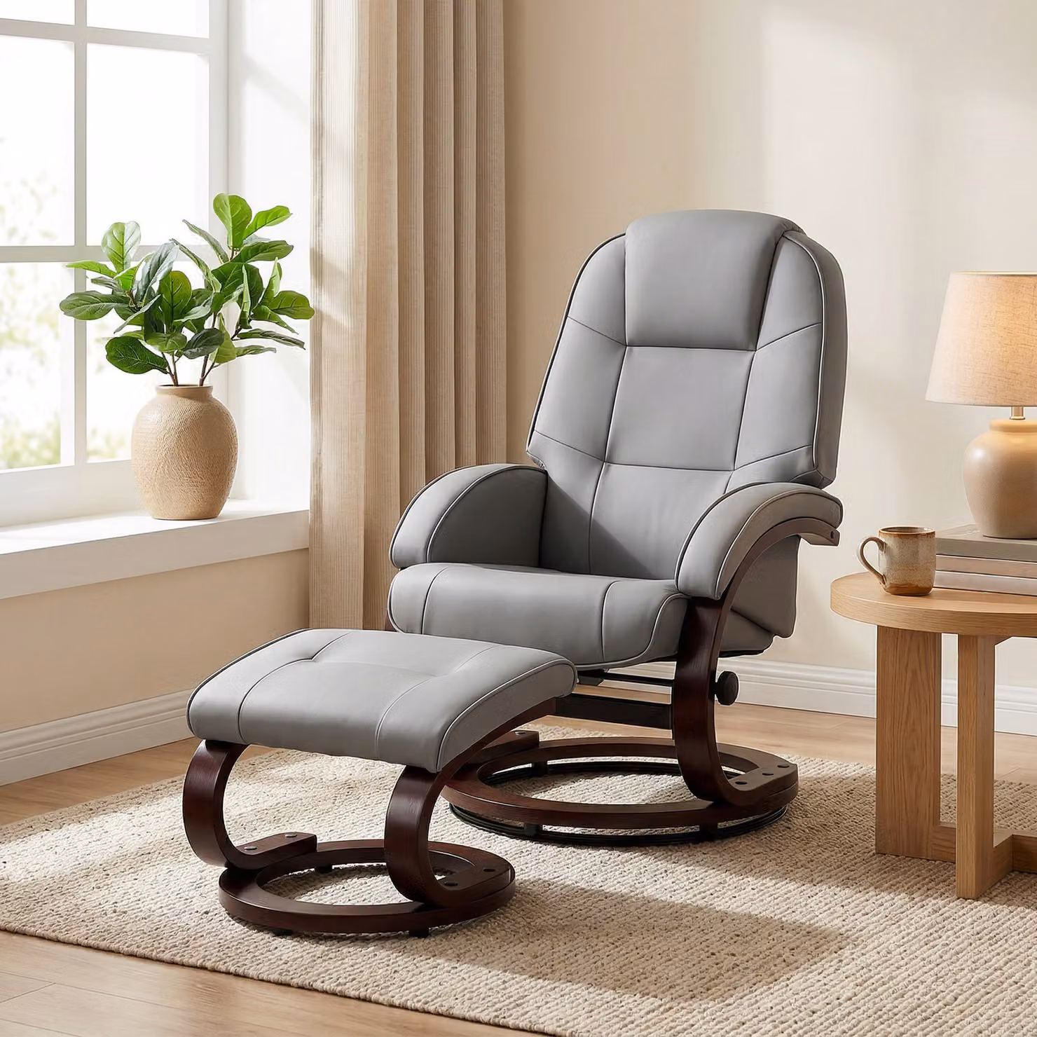 HOMCOM Swivel Recliner Chair with Footstool, Grey PU Leather Armchair with Adjustable Back and Solid Wood Frame – 2