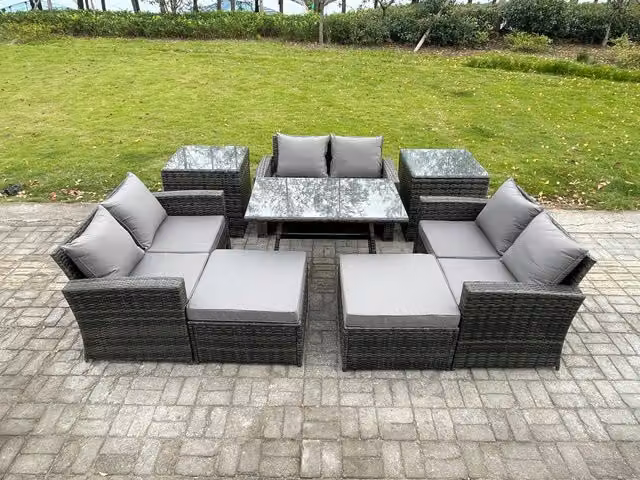 Fimous Outdoor Lounge Sofa Set in Dark Grey PE Rattan with Rectangular Dining Table and 2 Seat Sofa and Big Footstool