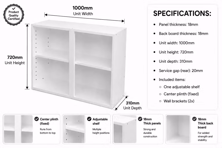 Cheap Furniture Warehouse White Matt Kitchen Wall Unit with Internal Shelves and Open Shelf Doors, W: 100 cm