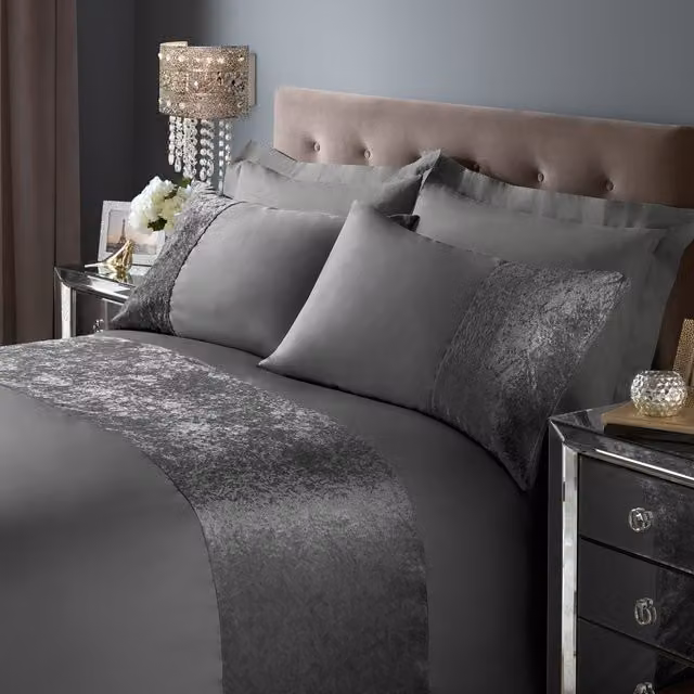 Roseley Charcoal Grey Crushed Velvet Duvet Cover Set with 2 Pillowcases, King Size (180 x 200 cm)