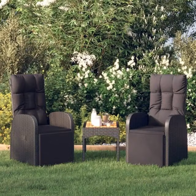 Berkfield Home Reclining Garden Chairs with Cushions, 2 Piece Set, Black Poly Rattan and Steel