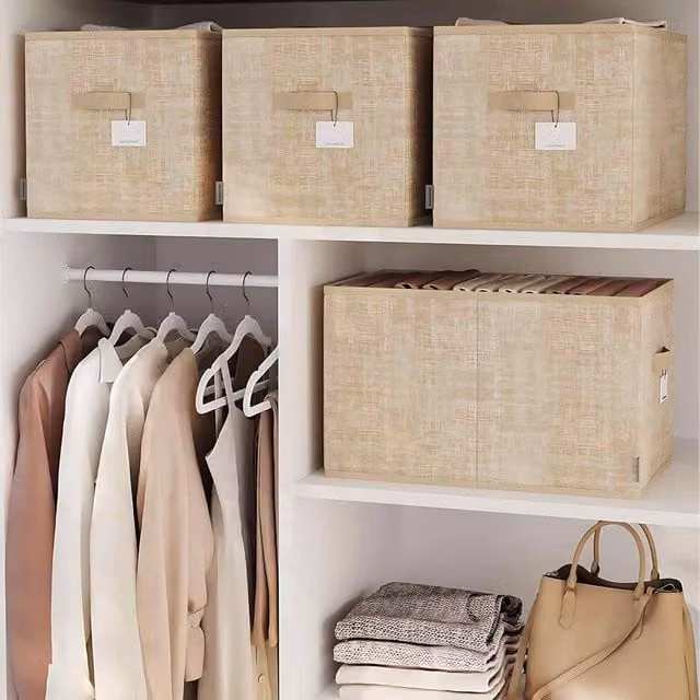 The Bazaarist Pack of 3 Large Foldable Fabric Storage Boxes with Handles and Label Holders, Beige in Light Sand