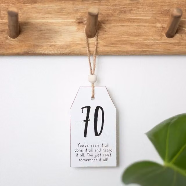 Kingsbury Gifts White 70th Birthday Small Hanging Wood Sentiment Sign, W: 7.8 cm