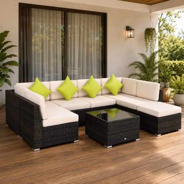 STILVORA 7-Seater Modern Sofa Set with Tempered Glass Table in Brown – 1
