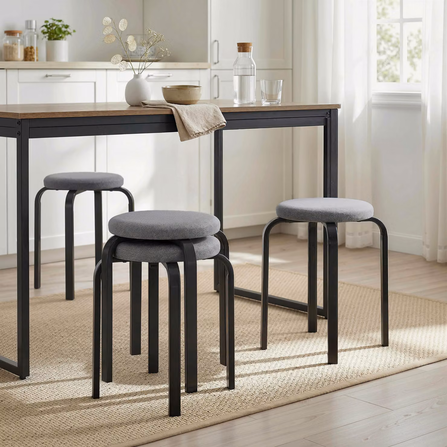 HOMCOM Set of 4 Modern Stackable Round Backless Stools with Fabric Cushions and Metal Frame in Dark Grey – 2