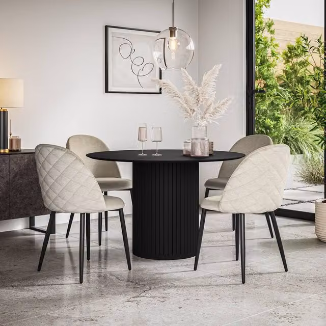 More4Homes Arlo Black Round Dining Table and Raye Beige Velvet Dining Chairs Set of 4, W/D/H: 120 x 120 x 75 cm