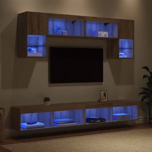 vidaXL 6-Piece Modern TV Wall Unit with Integrated LED Lighting in Artisan Oak Brown – 1