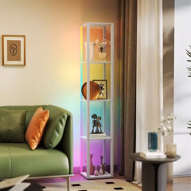 HOMCOM RGB LED Floor Lamp with Shelves and Remote Control in White