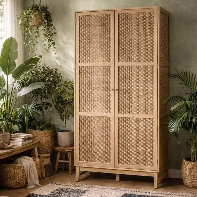 Wyld Haus Waterford Oak and Rattan 2 Door Wardrobe in Brown and Gold, H 181 cm x W 85 cm x D 55.7 cm
