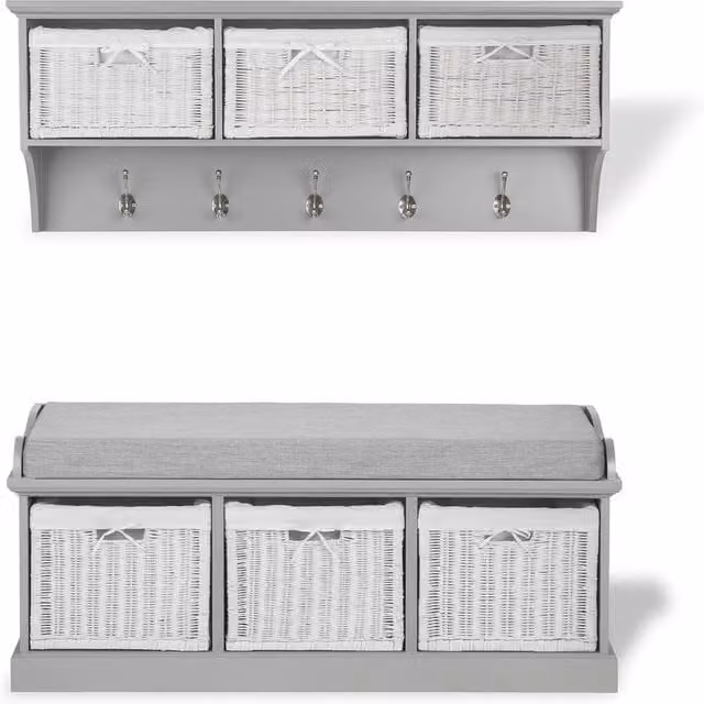 Statement Furniture Tetbury Hallway Set with 3 White Wicker Baskets and Grey Cushion in Light Grey – 1