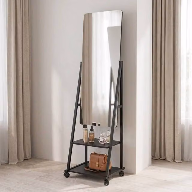 STILVORA Full Length Mirror with Shelves and Wheels in Black – 1