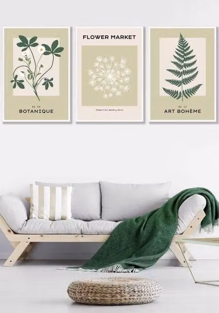 ARTZE Set of 3 Vintage Botanical Green Floral Wall Art with White Frames, W: 45 cm, H: 62 cm, D: 2 cm
