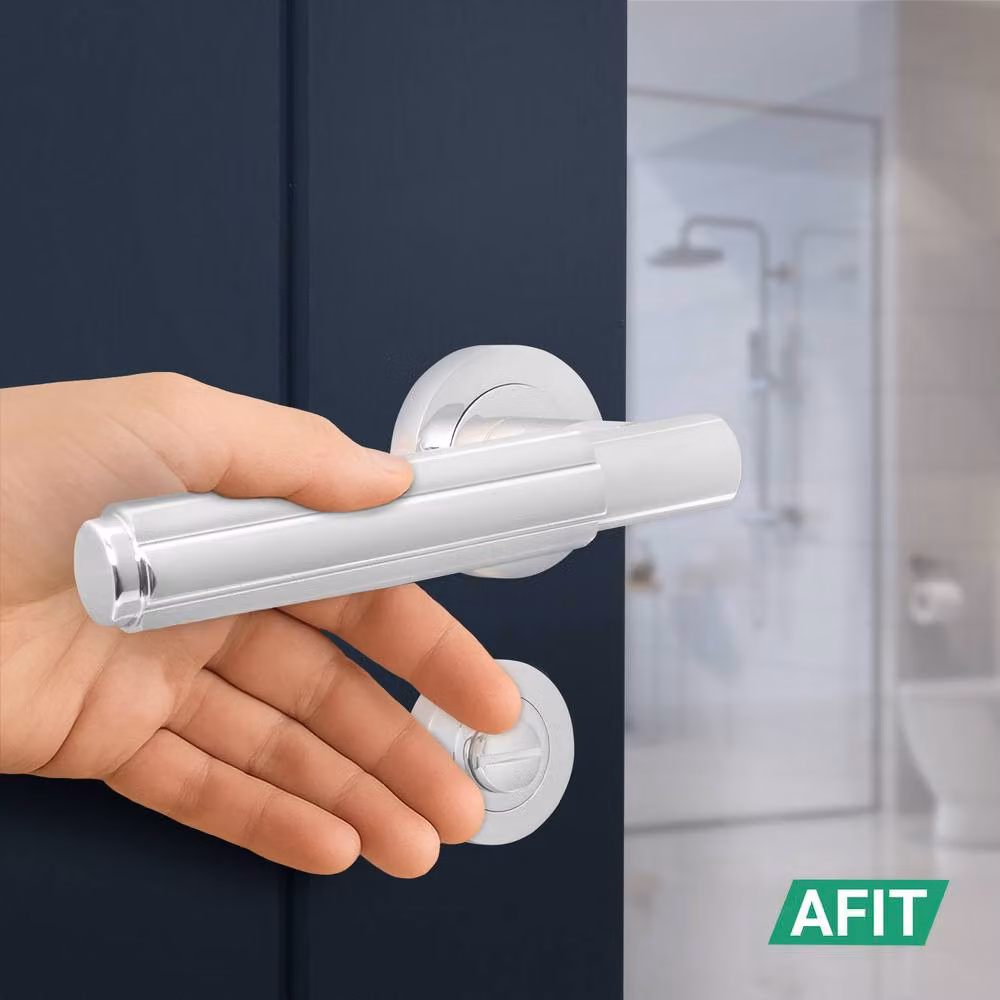 AFIT Polished Chrome Bathroom Door Handle Set with Lock and Hinges in Silver – 3
