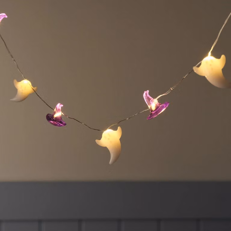 Lights4fun 20 Ghost and Witch Hat Halloween Micro LED Fairy Lights in Purple and White
