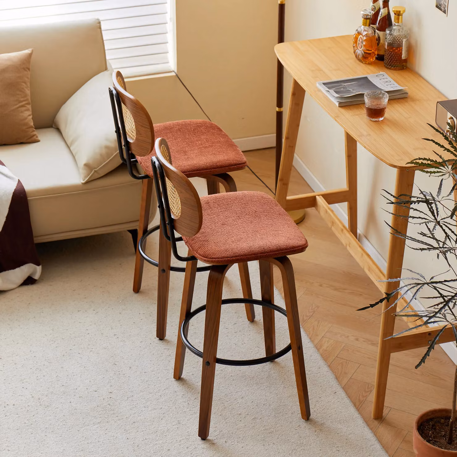Nordlys Set of 2 Scandinavian Style Ash Wood and Rattan Bar Stools in Black and Brown – 2