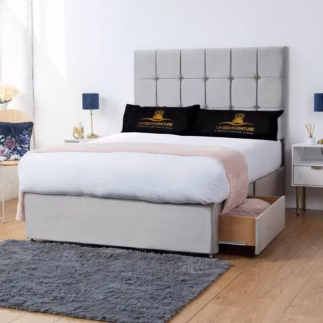 UK Bed Furniture Florence Double Divan Bed with 2 Drawers and 26 Inch Headboard in Silver Fabric, W/D/H: 140 x 200 cm