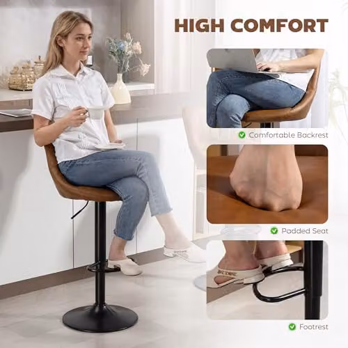 HOMCOM Set of 2 Brown Synthetic Leather Swivel Bar Stools with Footrest – 5