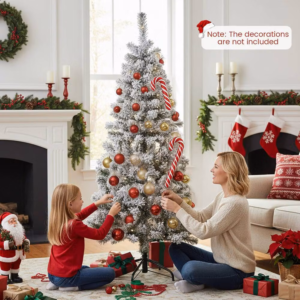 Gymax 150 cm Pre-Lit Slim Pencil Christmas Tree in Green with Thick Snow-flocking – 3