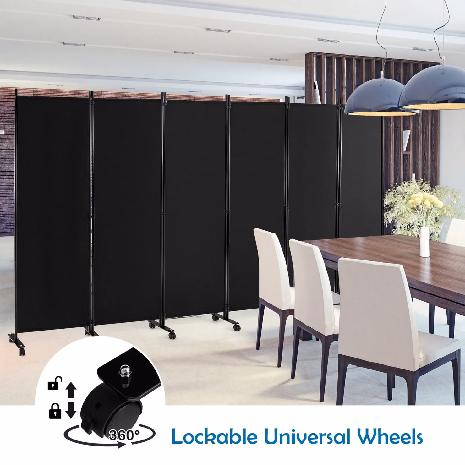 Costway 6-Panel Folding Room Divider Privacy Screen with Lockable Wheels, Black, Height: 172 cm – 3
