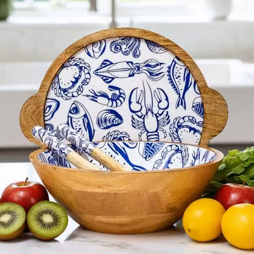 Hartsmede Mango Wood Salad Bowl with Lid and Spoons, Ocean Blue – 8