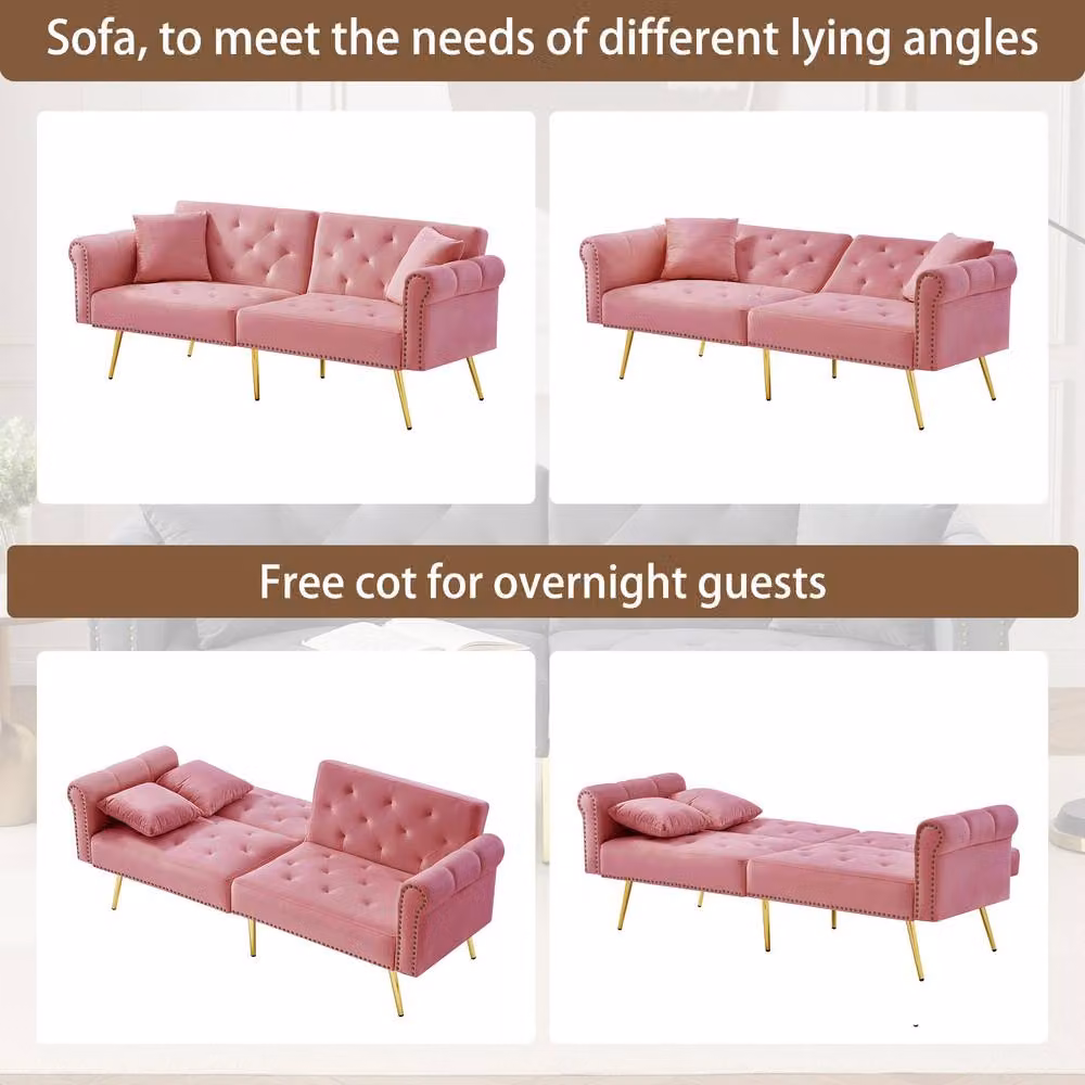 Merax Two Seater Velvet Sofa Bed in Pink with Adjustable Headrest and Scatter Cushions, W/D/H: 177 x 74 x 71 cm – 4