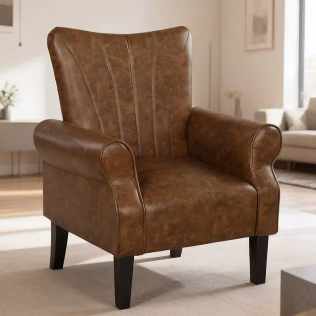 ERGOVEXA Classic Upholstered Synthetic Leather Accent Chair with Wood Legs in Brown, W/D/H: 73 x 94 x 80 cm