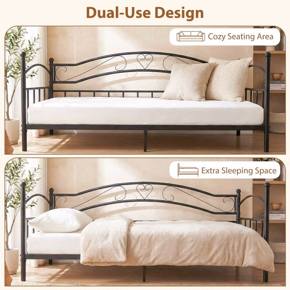 Gymax Single Metal Daybed Frame with Classic Headboard in Black – 4