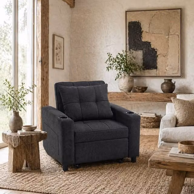 Wyld Haus Soliri Black 3 in 1 Convertible Single Sofa Bed with Tufted Cushion