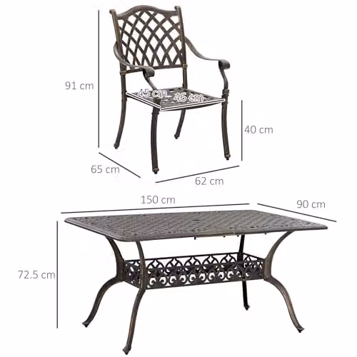 Outsunny 7-Piece Cast Aluminium Garden Patio Dining Set with Parasol Hole and Cushions in Bronze – 6