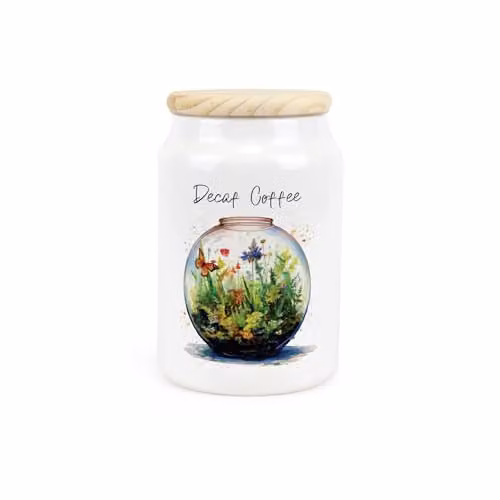 Purely Home Plant Terrarium Ceramic Decaf Coffee Canister with Wooden Lid, Green or White, 0.6 l, W: 14.5 cm, D: 9.5 cm