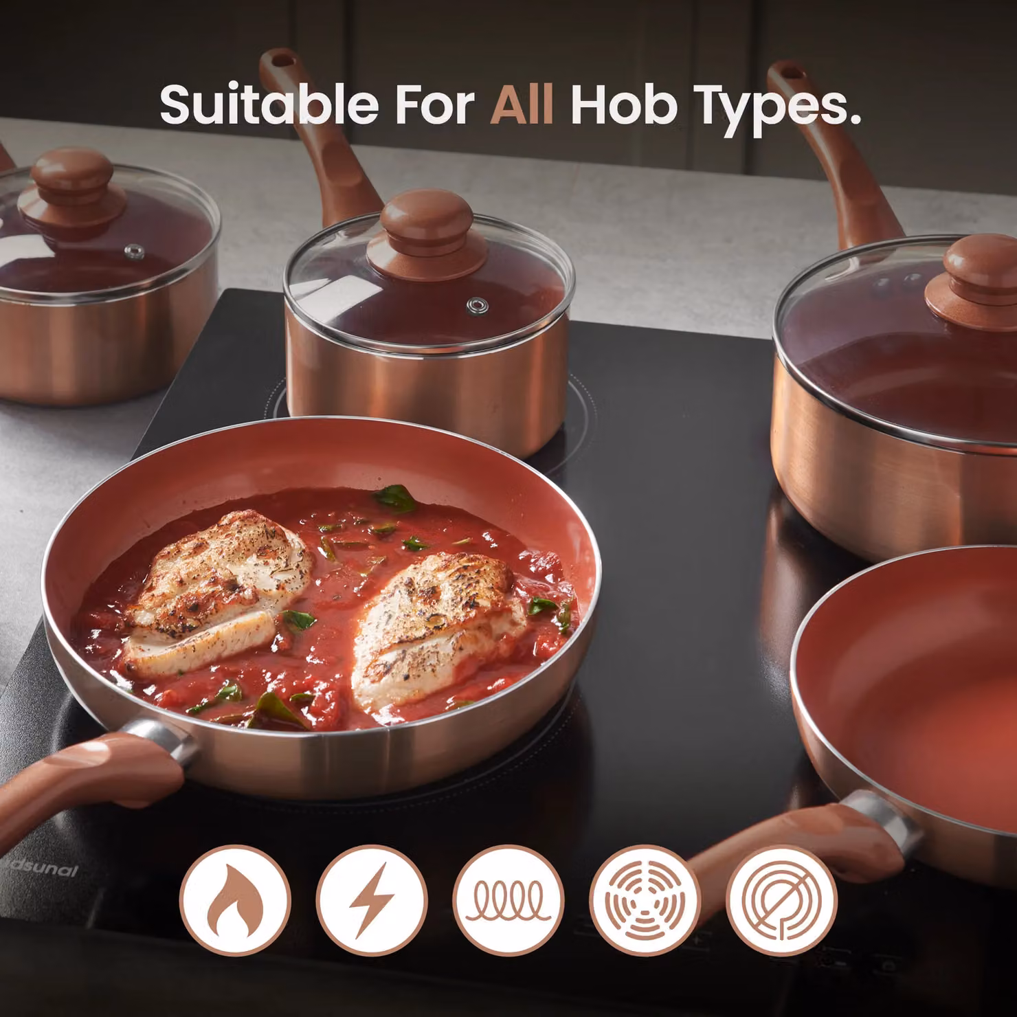 VonShef 8 Piece Non-Stick Copper and Bronze Ceramic Cookware Set with Glass Lids, Induction Safe – 2