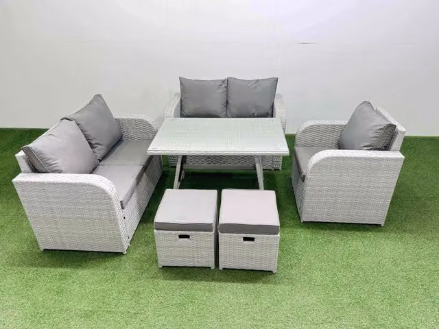 Fimous 7 Seater Rattan Garden Furniture Set with Love Sofa and Reclining Chairs in Light Grey