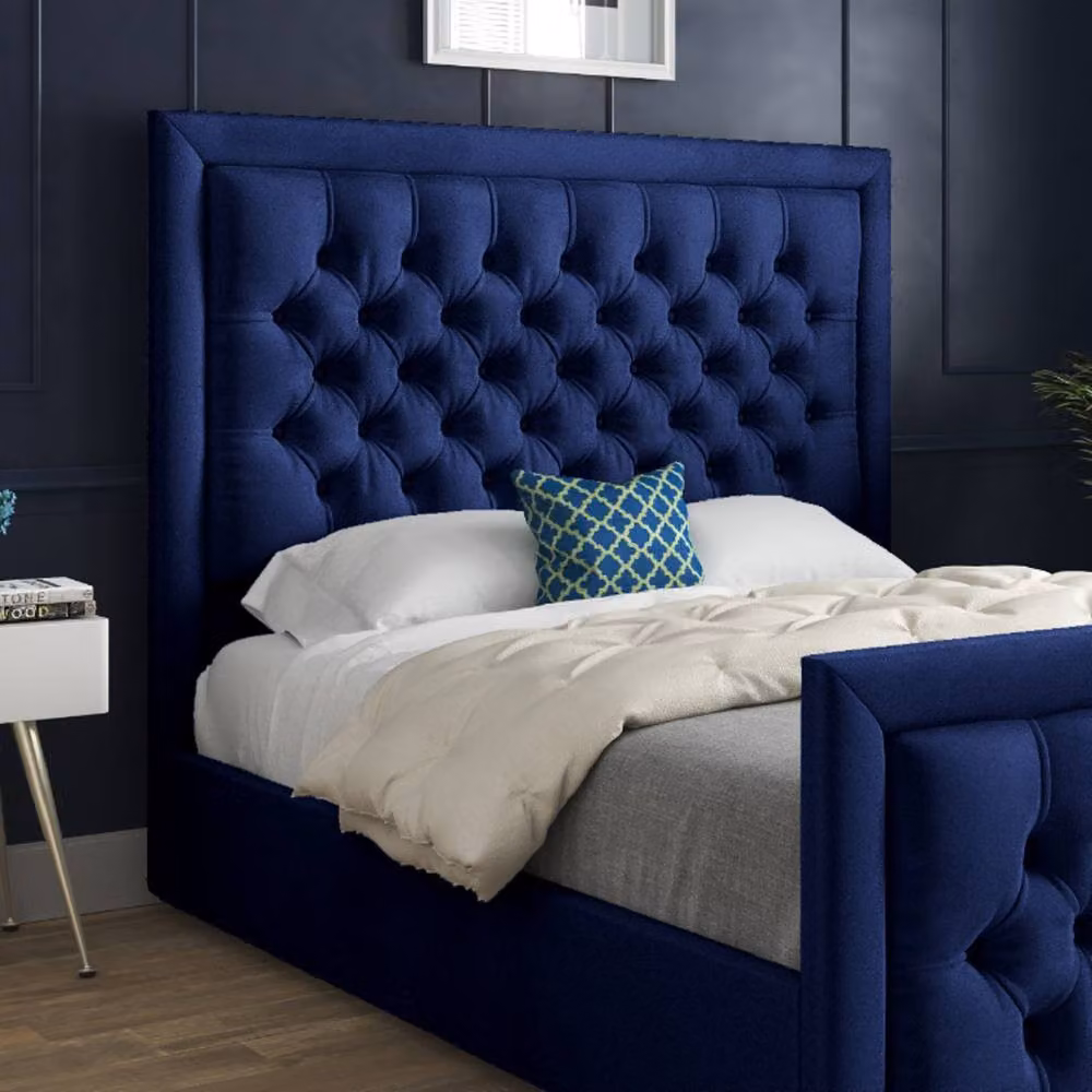 KDMD Swanscombe Modern Upholstered Velvet Designer Bed Frame in Blue, W/D/H: 120 x 137 x 128 cm – 4