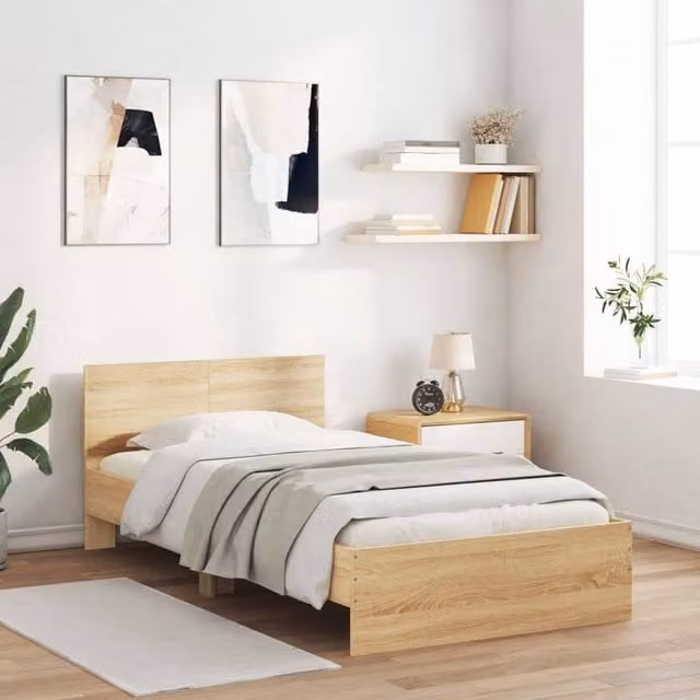 Berkfield Home Durable Engineered Wood Bed Frame with Under-Bed LED Lighting in Sonoma Oak and Light Tan, W/D/H: 100 x 200 x 70 cm