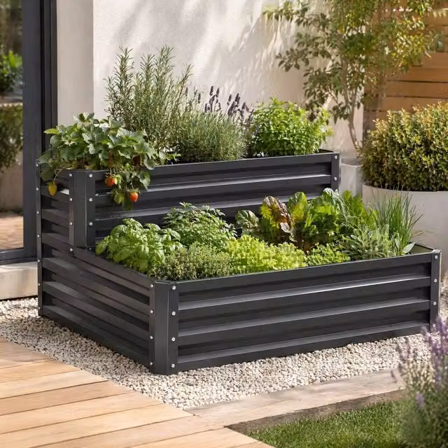 STILVORA 2 Tier Raised Garden Bed in Anthracite Grey, Galvanised Steel, W/D/H: 101 x 58 x 101 cm