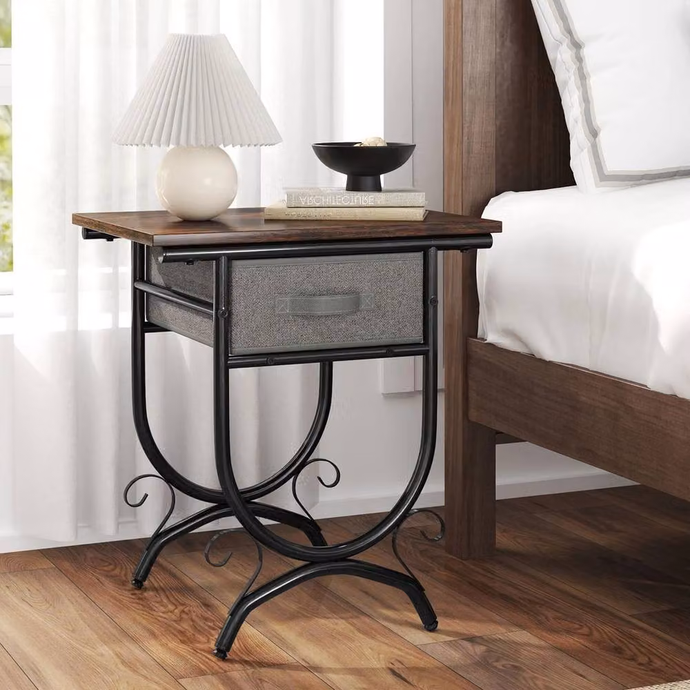 FORGEVIO Industrial 2-Tier Beside Sofa Side Table and Bedside Table in Brown – 3