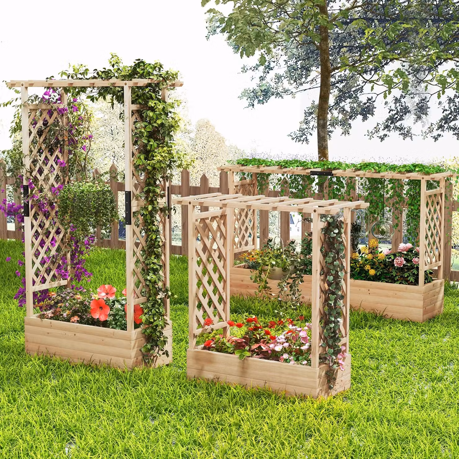Gymax Raised Garden Bed Fir Wood Planter Box with Hanging Roof in Light Khaki, W/D/H: 180 x 110 x 39 cm – 5
