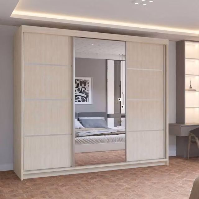 MN Furniture Pearl Contemporary 3 Door Sliding Wardrobe with Mirror in Beige W: 250 cm, H: 217 cm