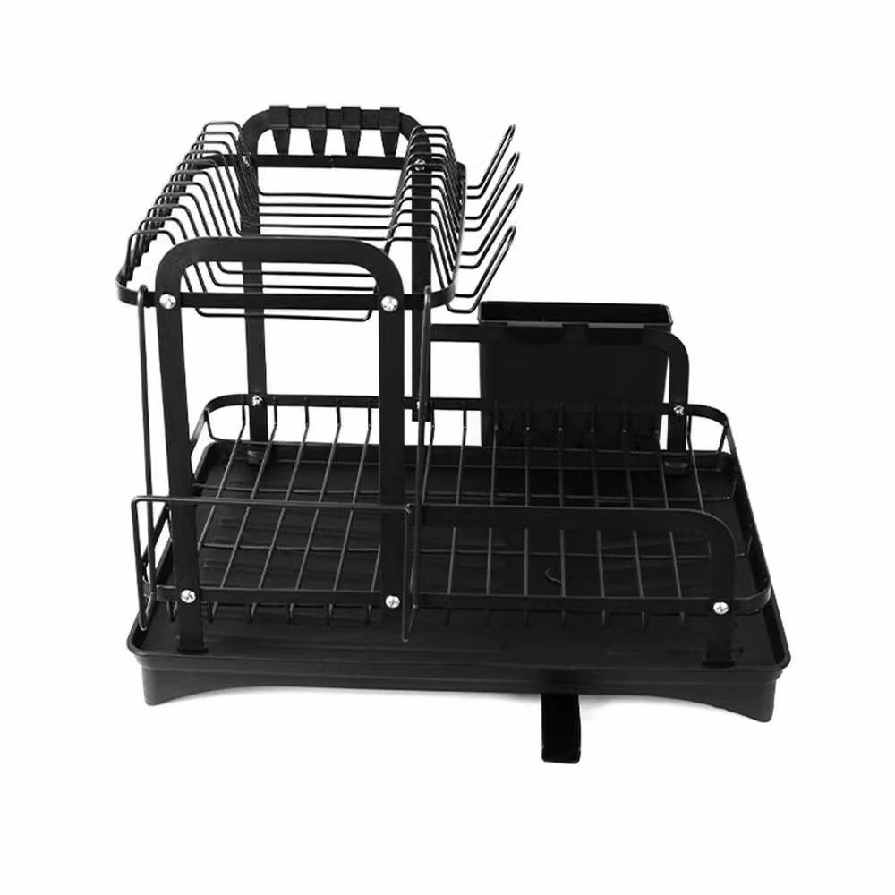 EONLION 2 Tier Black Metal Dish Drainer Rack with Cutlery Holder and Drip Tray – 4