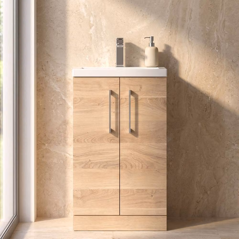 Balterley Bramshall Compact 2 Door Bleached Oak Vanity Basin Unit in Brown, W: 50 cm, H: 84 cm – 3