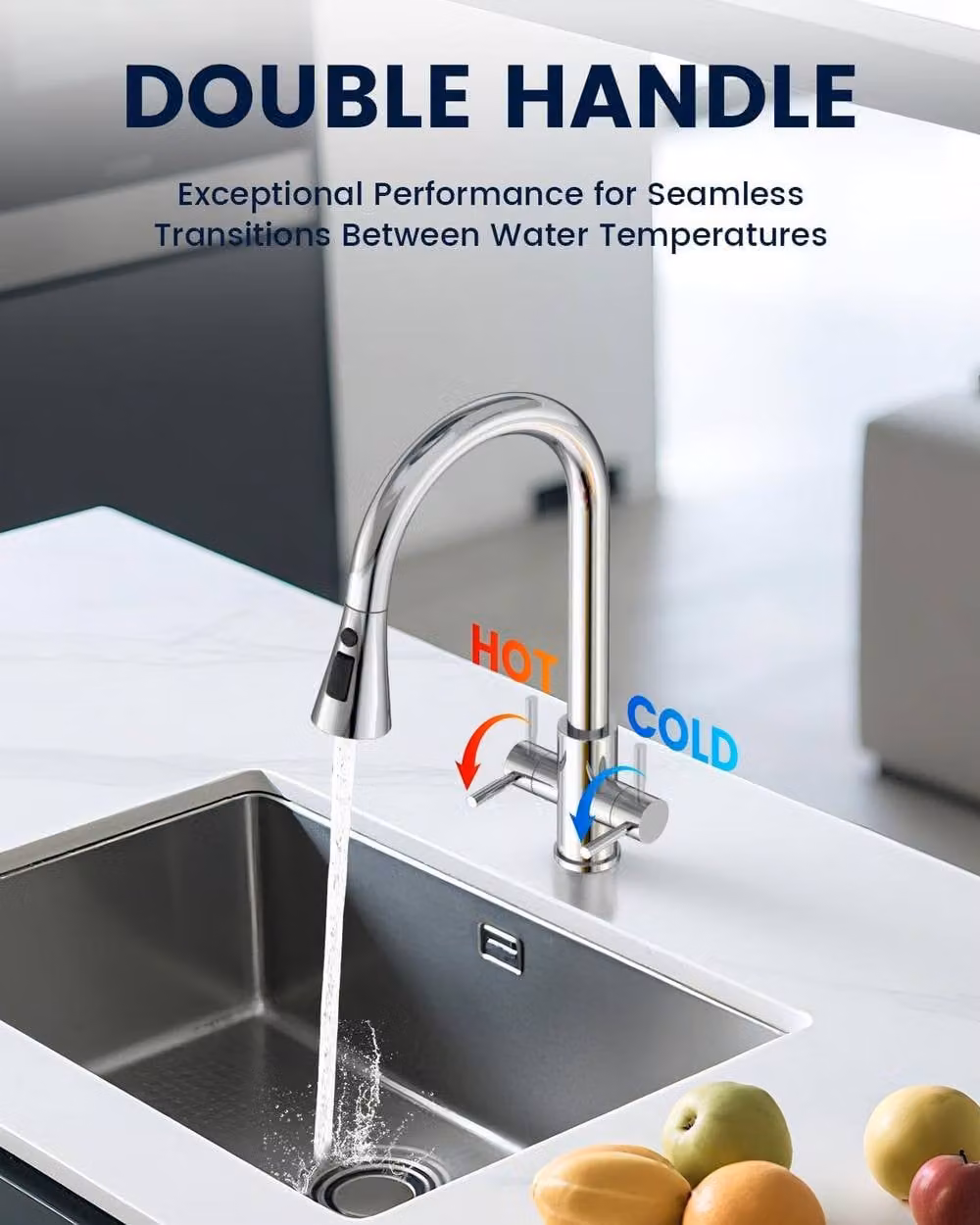 JANLEMNY Chrome Pull-Out Kitchen Tap with Dual Lever and 3-Mode Spray Swivel Spout in Silver – 3