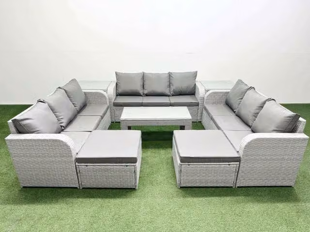 Fimous 11 Seater PE Rattan Outdoor Garden Furniture Set in Light Grey with 3 Seater Sofa, Oblong Coffee Table, 2 Ottomans and 2 Side Tables