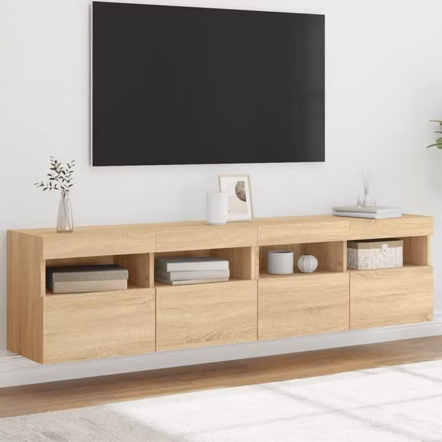 Berkfield Home Set of 2 Modern TV Wall Cabinets with LED Lights in Sonoma Oak Brown, W: 80 cm, D: 30 cm, H: 40 cm