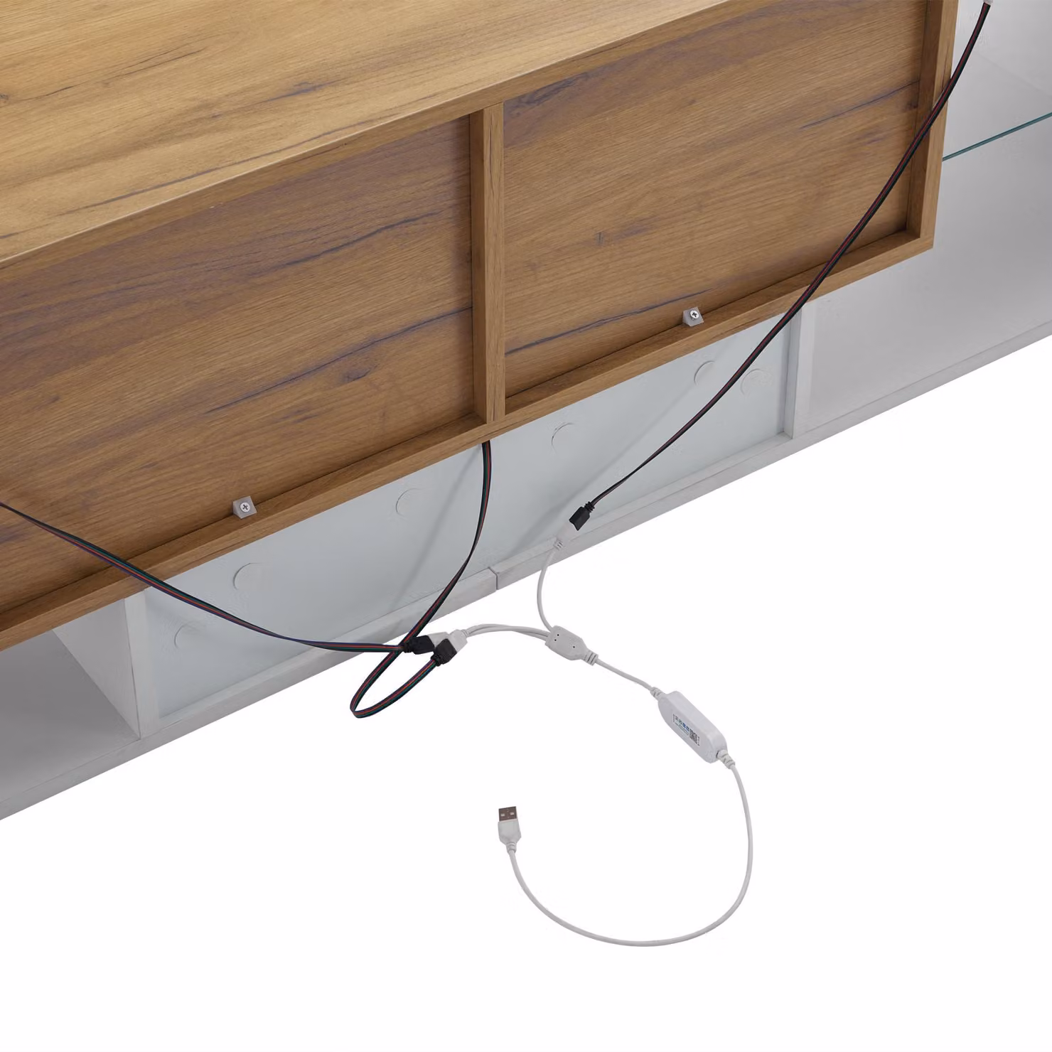 Aosom UK Modern TV Stand with 2 Drawers, 5 Open Compartments and App-controlled LED Lights, White and Wood, W: 160 cm, D: 40 cm, H: 42 cm – 5