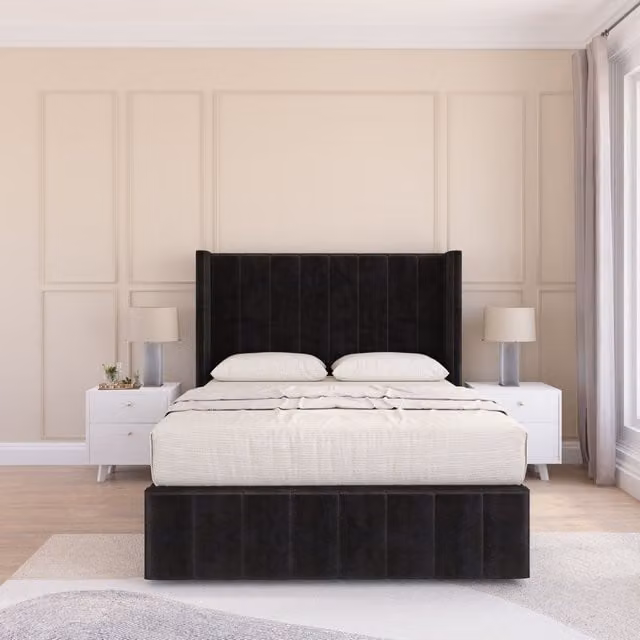 Sloomy Melbourne Upholstered Wingback Bed Set in Black Plush Velvet with Floor Standing Headboard, W/D/H: 120 x 200 cm