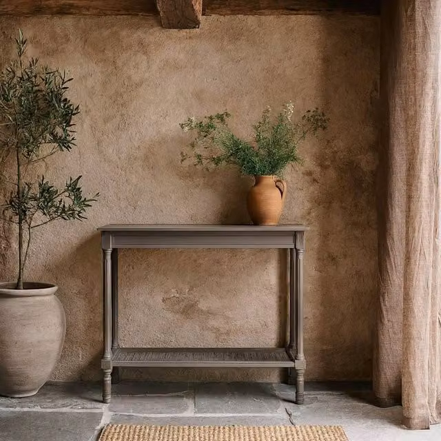 Wyld Haus Laurelbrook Grey Console Table with Woven Rattan and Wood Shelf – 1