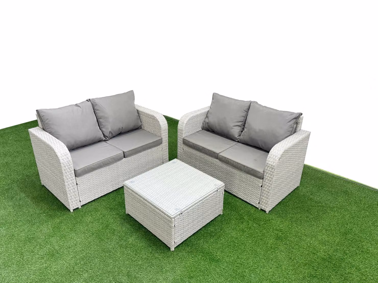 Fimous 4 Seater Rattan Garden Furniture Set with Upholstered Cushions and Square Coffee Table in Light Grey